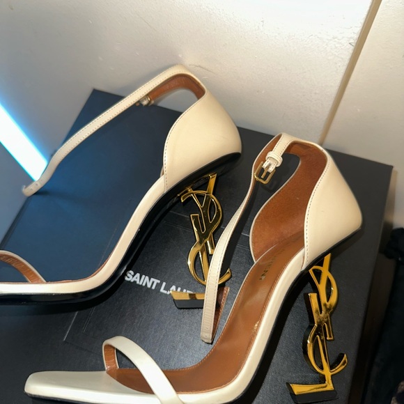 Saint Laurent Cream Heels with Gold Logo Accent - Picture 1 of 3